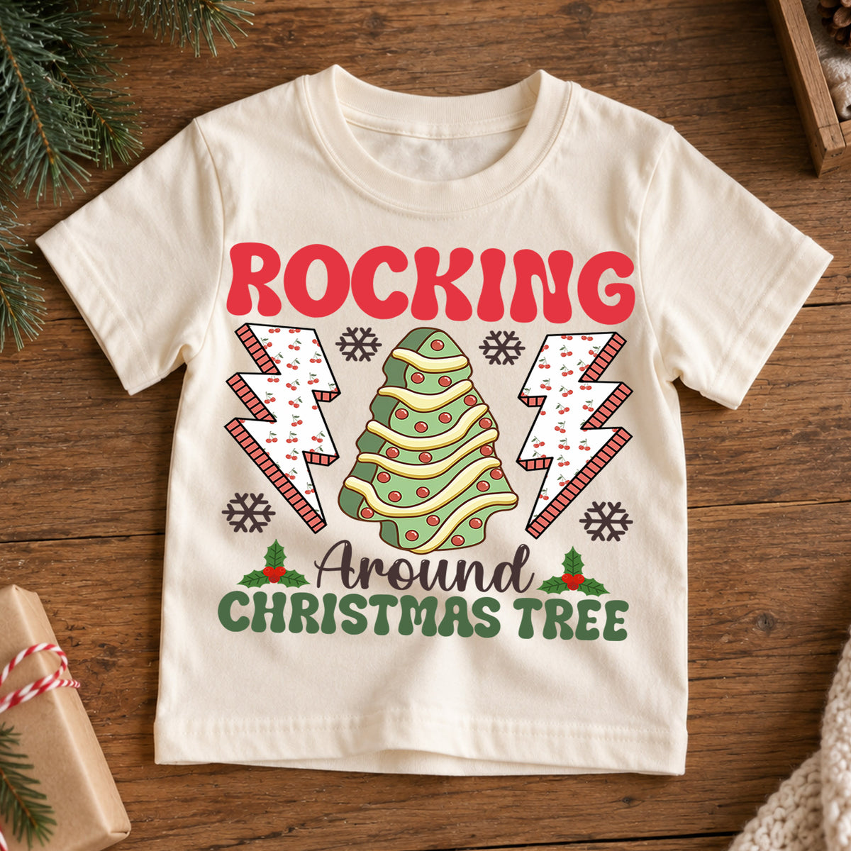 Rocking Around the Christmas Tree Kids Shirt, Retro Holiday Tee, Cute Christmas Tree Outfit, Toddler Xmas Gift, Festive Kids Holiday Top — product view 7