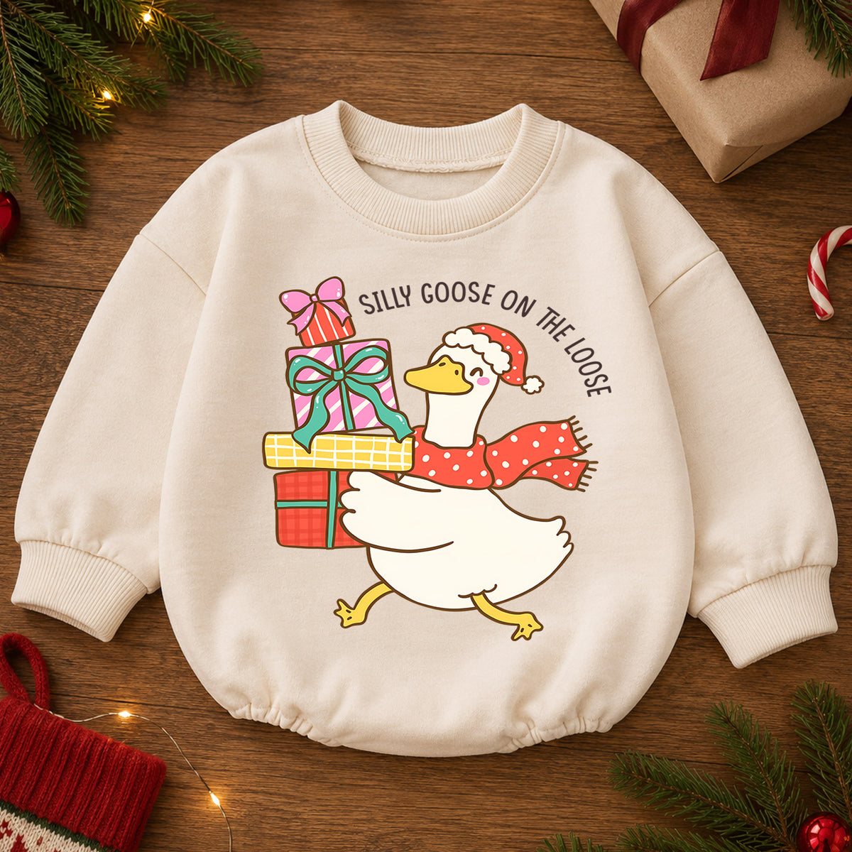 Silly Goose Christmas Baby Romper, Cute Holiday Goose Outfit, Toddler Xmas Romper, Goose on the Loose Christmas Baby Gift — product view 2