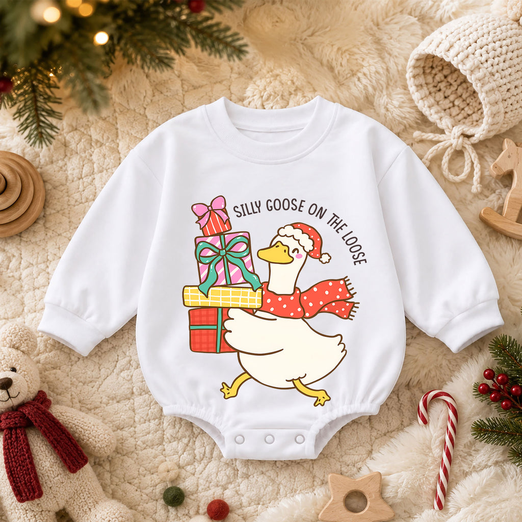 Silly Goose Christmas Baby Romper, Cute Holiday Goose Outfit, Toddler Xmas Romper, Goose on the Loose Christmas Baby Gift — product view 3