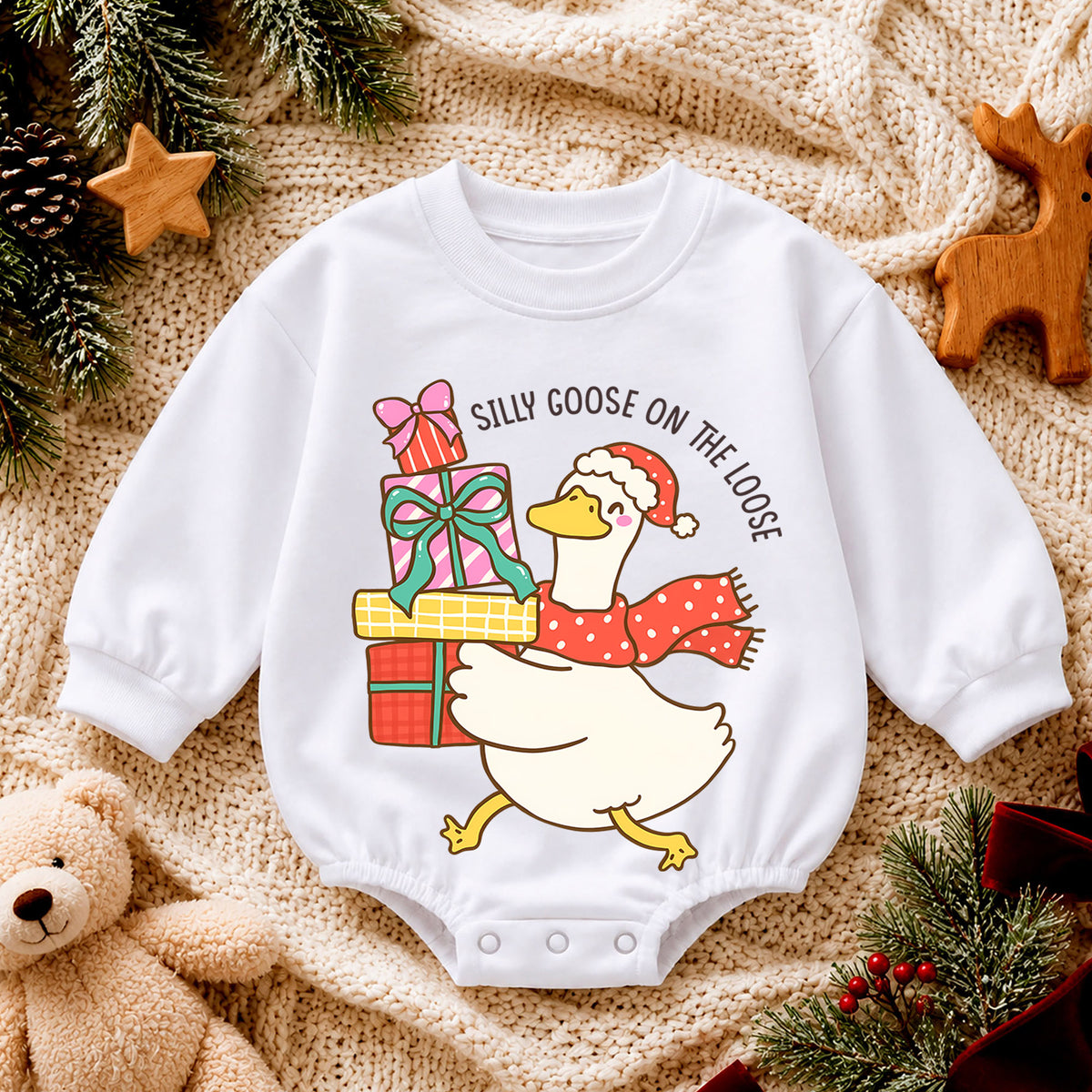 Silly Goose Christmas Baby Romper, Cute Holiday Goose Outfit, Toddler Xmas Romper, Goose on the Loose Christmas Baby Gift — product view 4