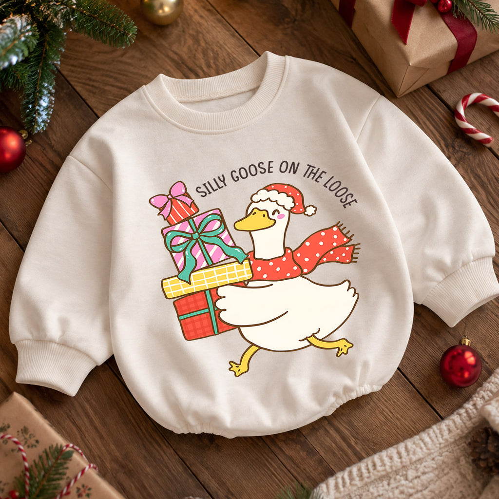 Silly Goose Christmas Baby Romper, Cute Holiday Goose Outfit, Toddler Xmas Romper, Goose on the Loose Christmas Baby Gift — product view 5