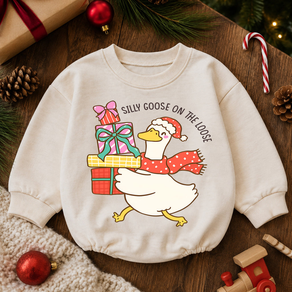 Silly Goose Christmas Baby Romper, Cute Holiday Goose Outfit, Toddler Xmas Romper, Goose on the Loose Christmas Baby Gift — product view 6