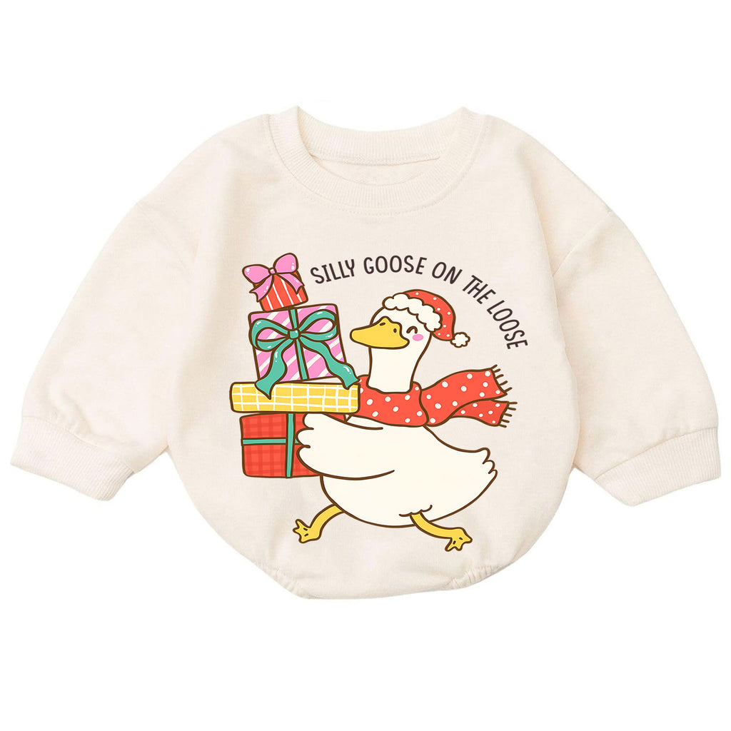 Silly Goose Christmas Baby Romper, Cute Holiday Goose Outfit, Toddler Xmas Romper, Goose on the Loose Christmas Baby Gift — product view 7