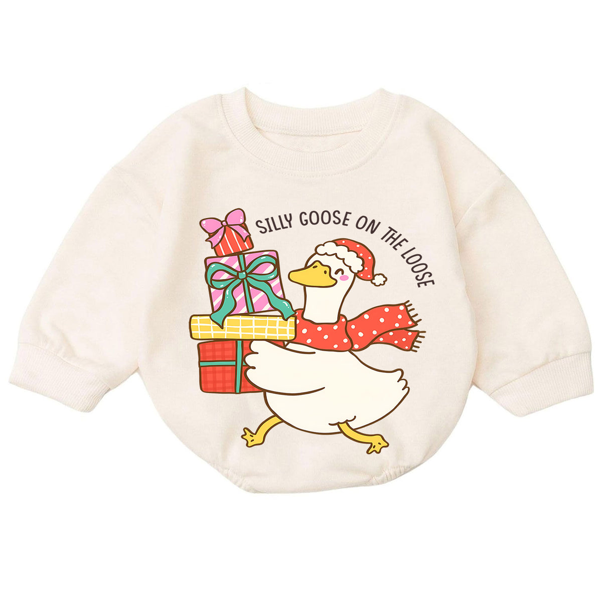 Silly Goose Christmas Baby Romper, Cute Holiday Goose Outfit, Toddler Xmas Romper, Goose on the Loose Christmas Baby Gift — product view 7