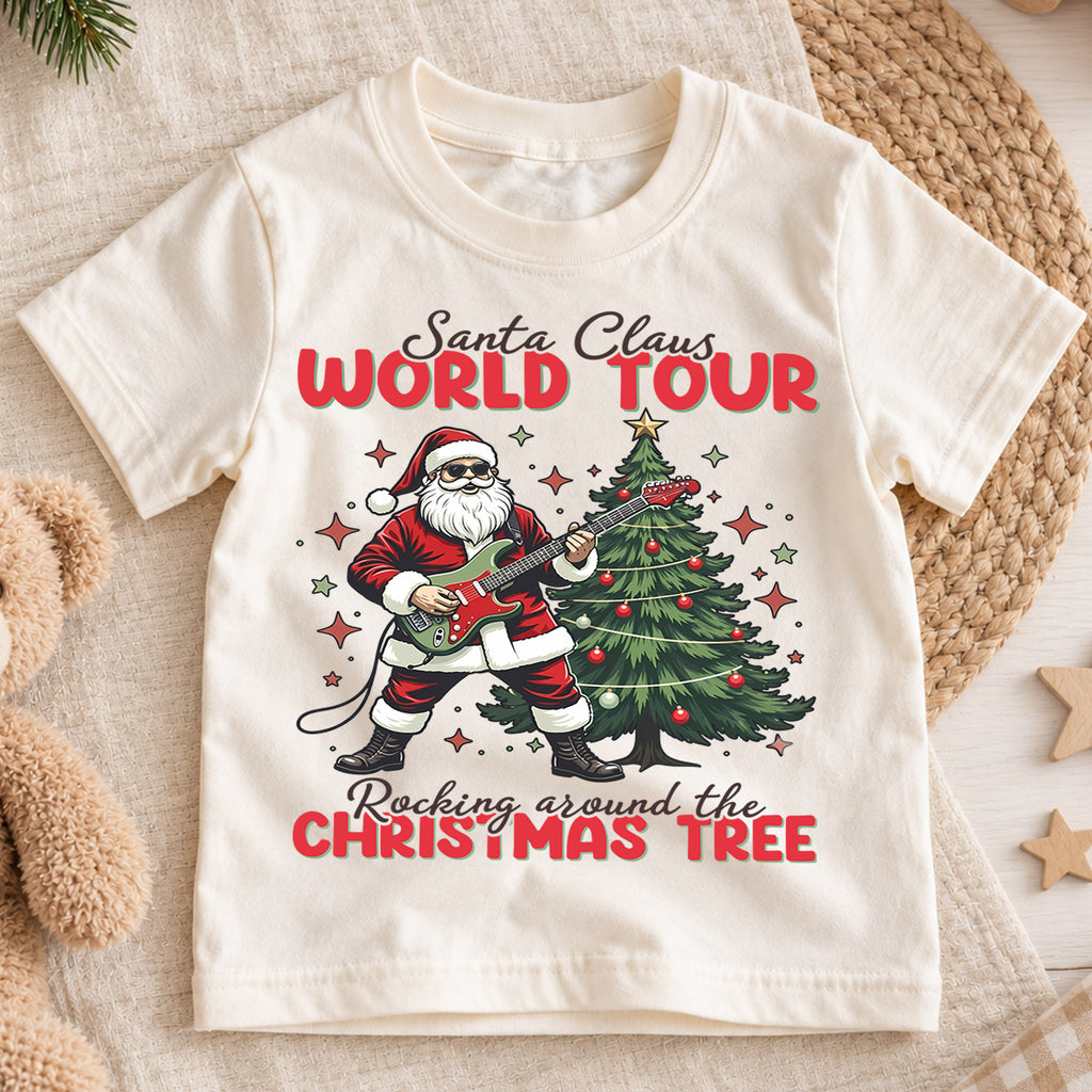 Santa Claus World Tour Kids Christmas Shirt, Rocking Santa Guitar Holiday Tee, Music Lover Xmas Outfit, Funny Toddler Christmas Gift — product view 1