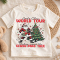 Santa Claus World Tour Kids Christmas Shirt, Rocking Santa Guitar Holiday Tee, Music Lover Xmas Outfit, Funny Toddler Christmas Gift — product view 1