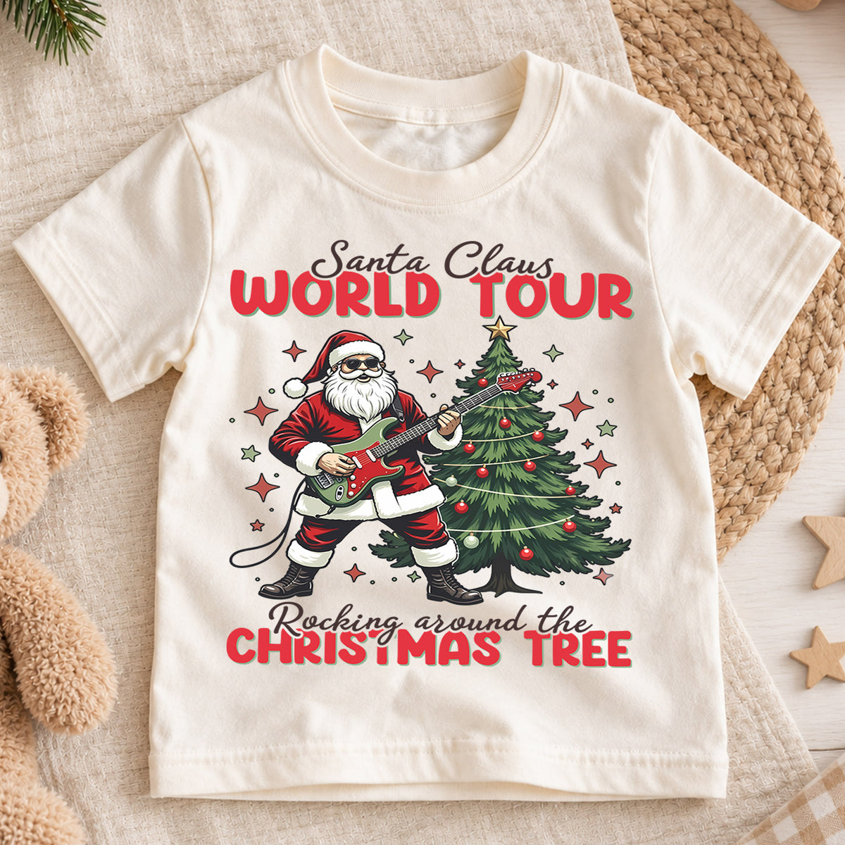 Santa Claus World Tour Kids Christmas Shirt, Rocking Santa Guitar Holiday Tee, Music Lover Xmas Outfit, Funny Toddler Christmas Gift — product view 1