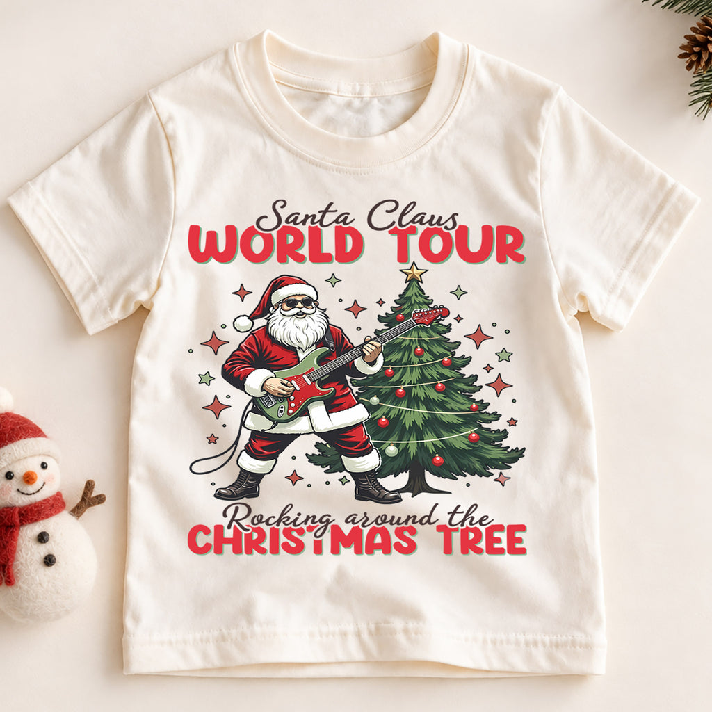 Santa Claus World Tour Kids Christmas Shirt, Rocking Santa Guitar Holiday Tee, Music Lover Xmas Outfit, Funny Toddler Christmas Gift — product view 2