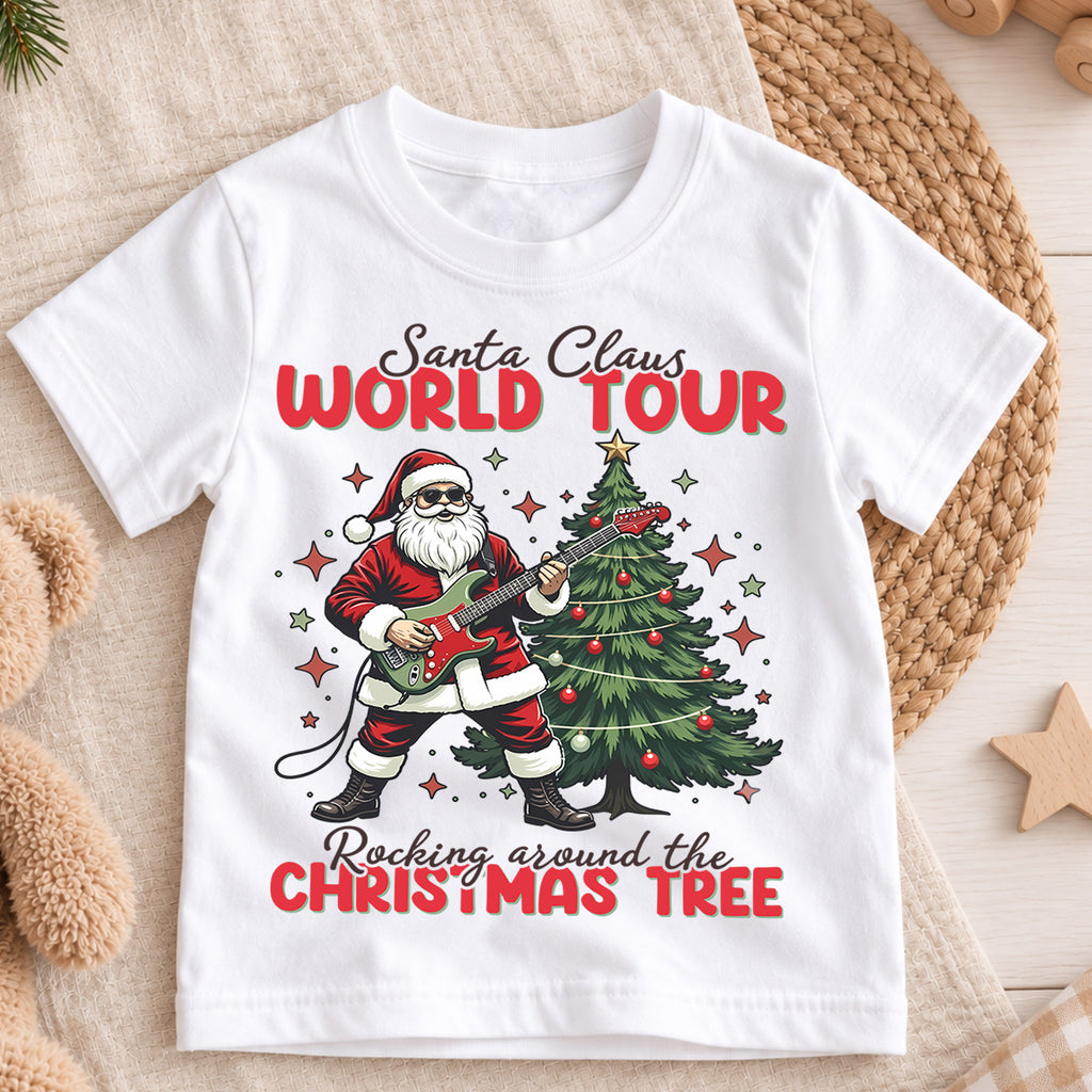 Santa Claus World Tour Kids Christmas Shirt, Rocking Santa Guitar Holiday Tee, Music Lover Xmas Outfit, Funny Toddler Christmas Gift — product view 3
