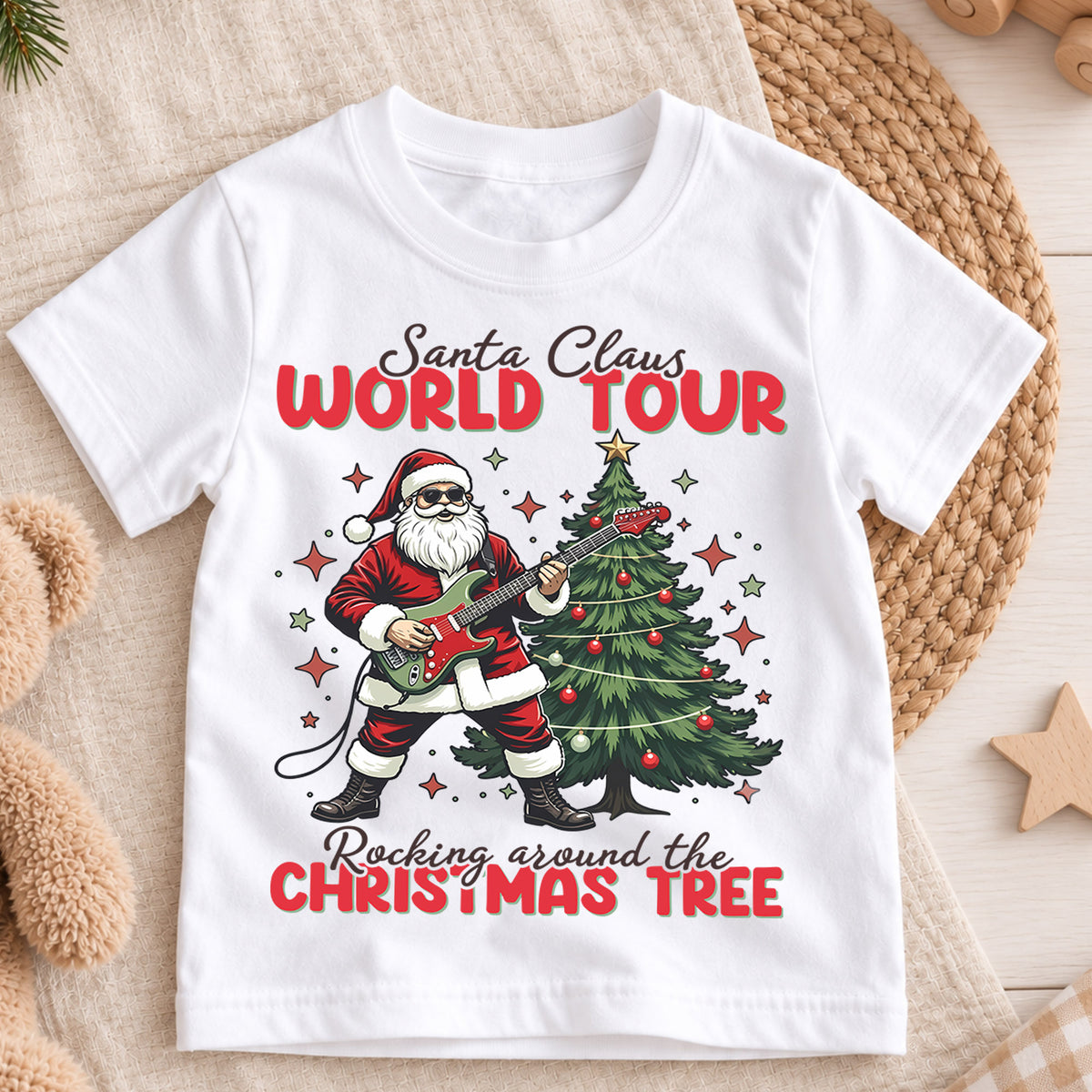 Santa Claus World Tour Kids Christmas Shirt, Rocking Santa Guitar Holiday Tee, Music Lover Xmas Outfit, Funny Toddler Christmas Gift — product view 3