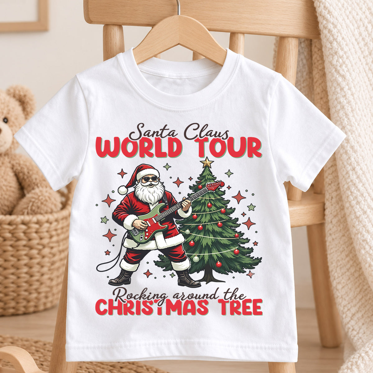 Santa Claus World Tour Kids Christmas Shirt, Rocking Santa Guitar Holiday Tee, Music Lover Xmas Outfit, Funny Toddler Christmas Gift — product view 4