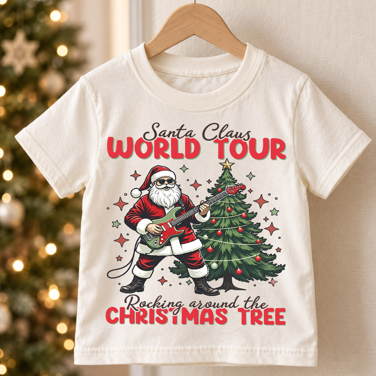 Santa Claus World Tour Kids Christmas Shirt, Rocking Santa Guitar Holiday Tee, Music Lover Xmas Outfit, Funny Toddler Christmas Gift — product view 5