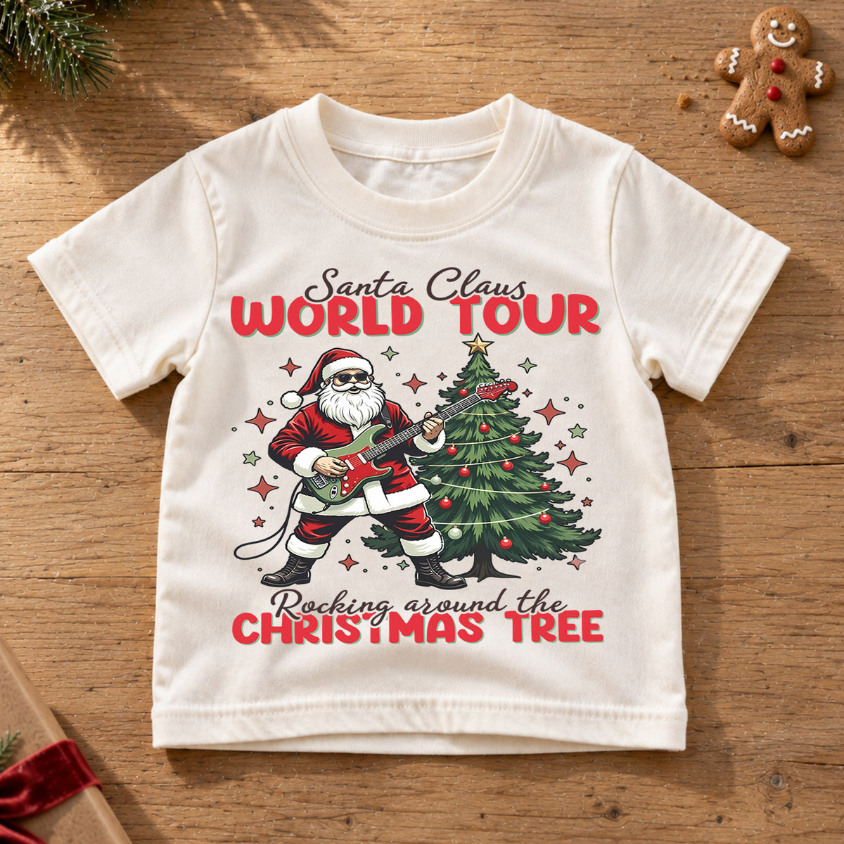 Santa Claus World Tour Kids Christmas Shirt, Rocking Santa Guitar Holiday Tee, Music Lover Xmas Outfit, Funny Toddler Christmas Gift — product view 6