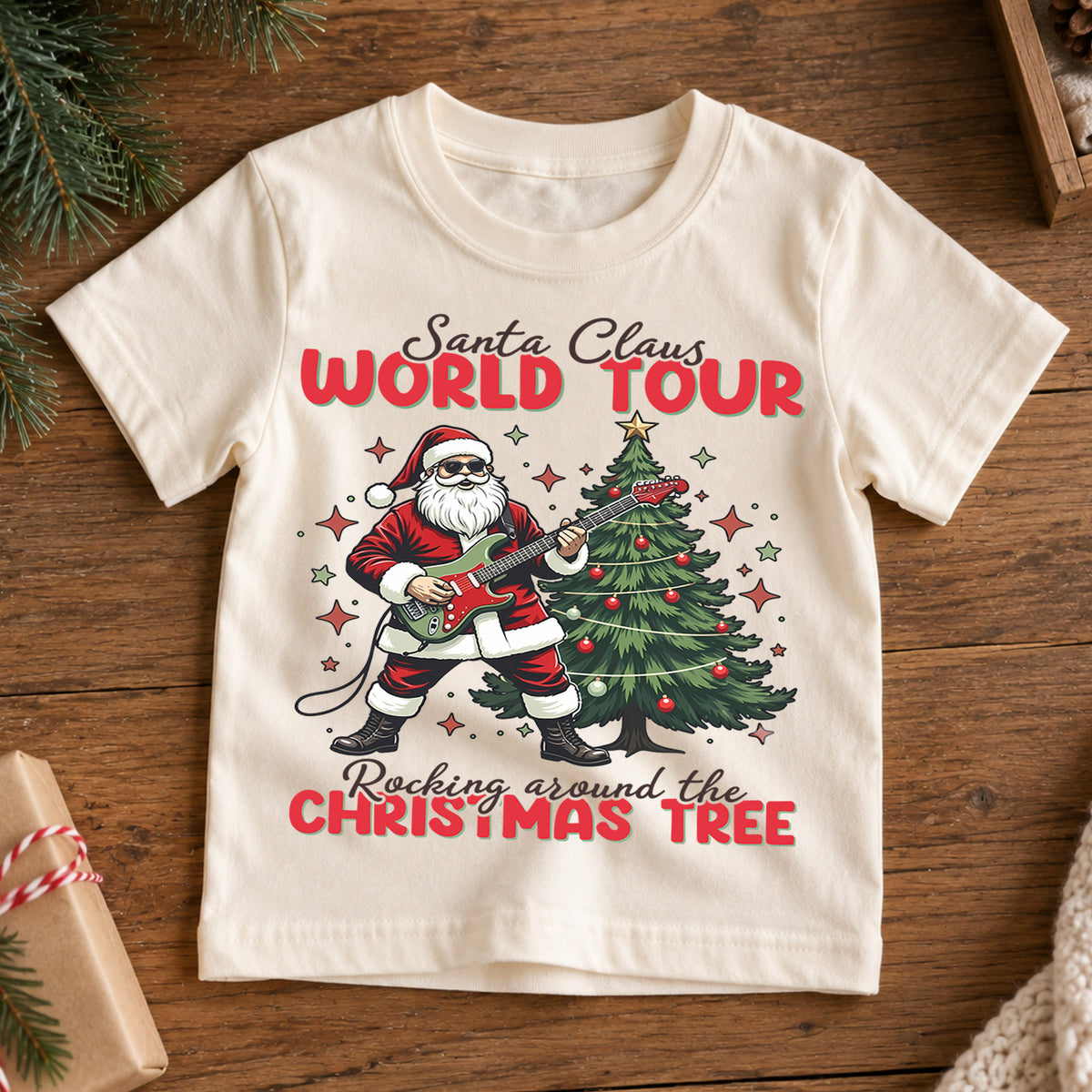 Santa Claus World Tour Kids Christmas Shirt, Rocking Santa Guitar Holiday Tee, Music Lover Xmas Outfit, Funny Toddler Christmas Gift — product view 7