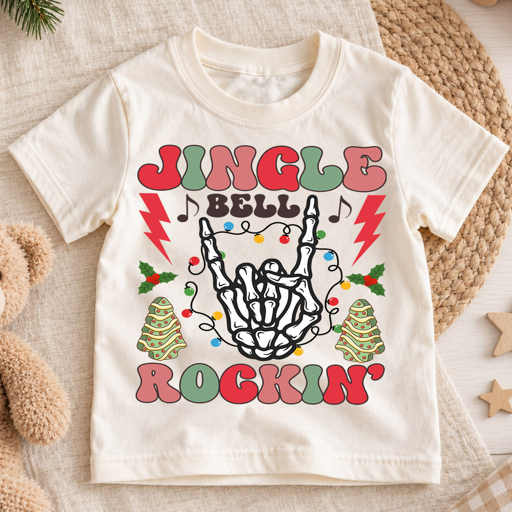 Jingle Bella Rockin Shirt, Toddler Christmas Tee, Retro Rock Skeleton Shirt, Cute Holiday Kids Shirt, Xmas Party Outfit, Gift For Kids — product view 1