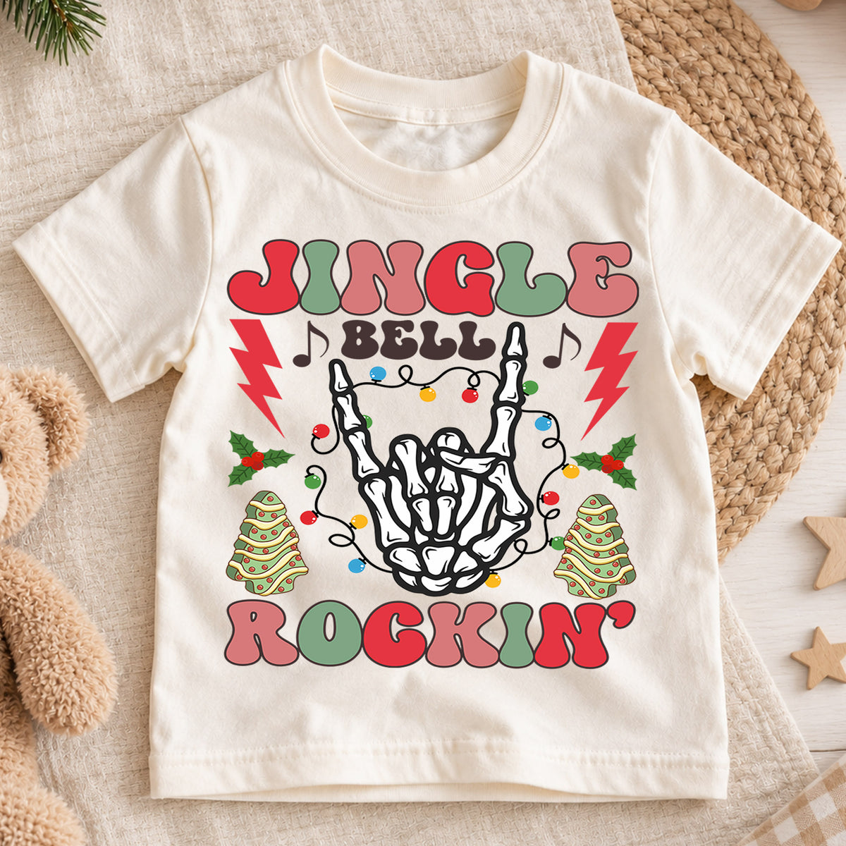 Jingle Bella Rockin Shirt, Toddler Christmas Tee, Retro Rock Skeleton Shirt, Cute Holiday Kids Shirt, Xmas Party Outfit, Gift For Kids — product view 1