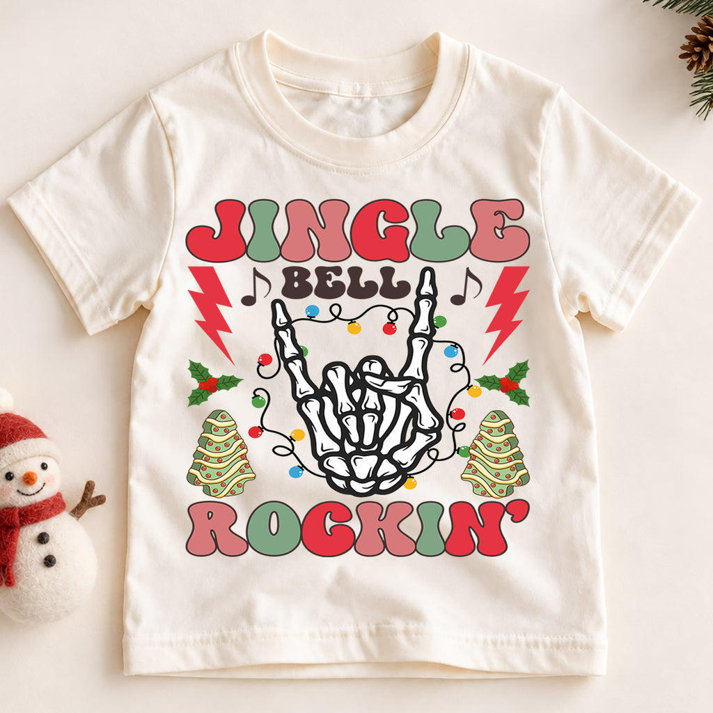 Jingle Bella Rockin Shirt, Toddler Christmas Tee, Retro Rock Skeleton Shirt, Cute Holiday Kids Shirt, Xmas Party Outfit, Gift For Kids — product view 2