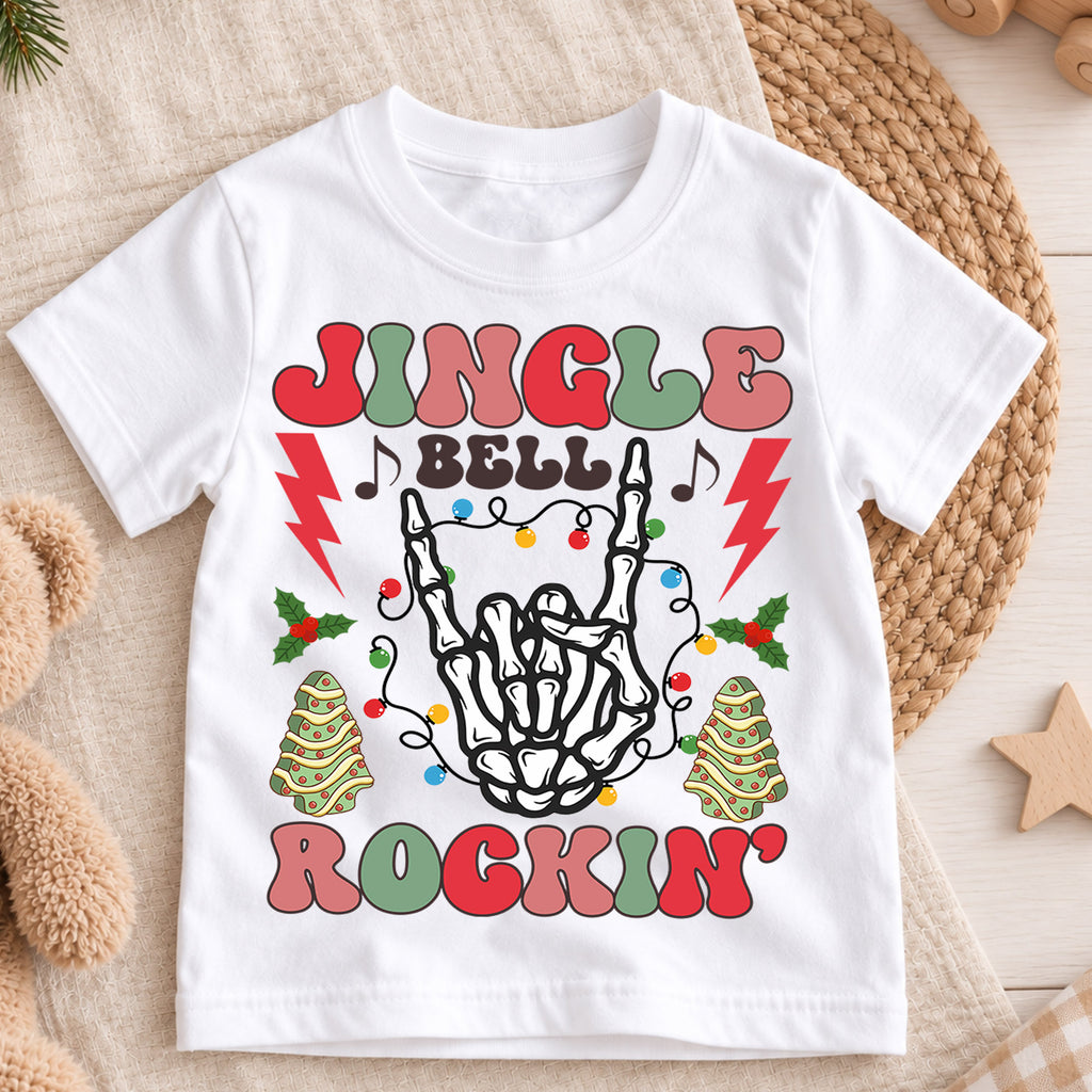 Jingle Bella Rockin Shirt, Toddler Christmas Tee, Retro Rock Skeleton Shirt, Cute Holiday Kids Shirt, Xmas Party Outfit, Gift For Kids — product view 3