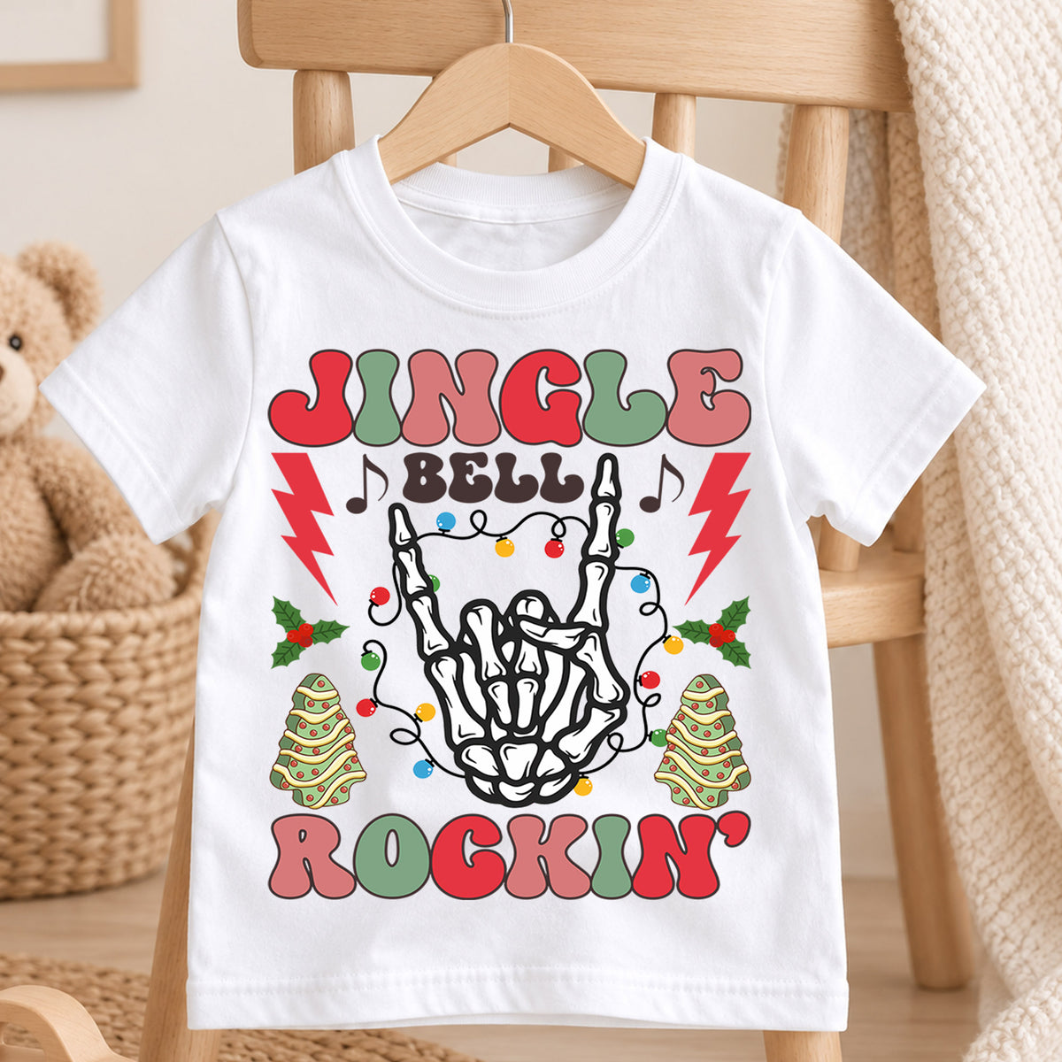Jingle Bella Rockin Shirt, Toddler Christmas Tee, Retro Rock Skeleton Shirt, Cute Holiday Kids Shirt, Xmas Party Outfit, Gift For Kids — product view 4