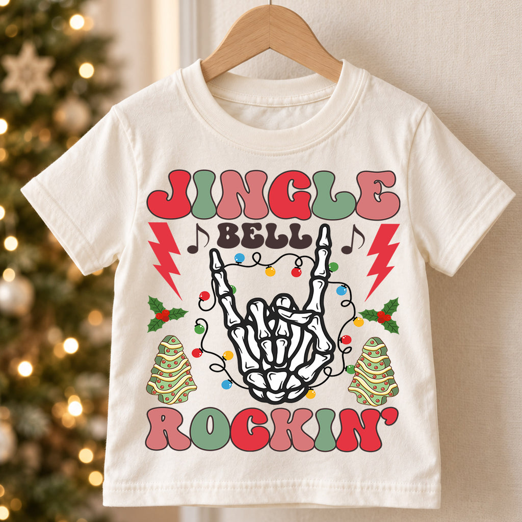 Jingle Bella Rockin Shirt, Toddler Christmas Tee, Retro Rock Skeleton Shirt, Cute Holiday Kids Shirt, Xmas Party Outfit, Gift For Kids — product view 5