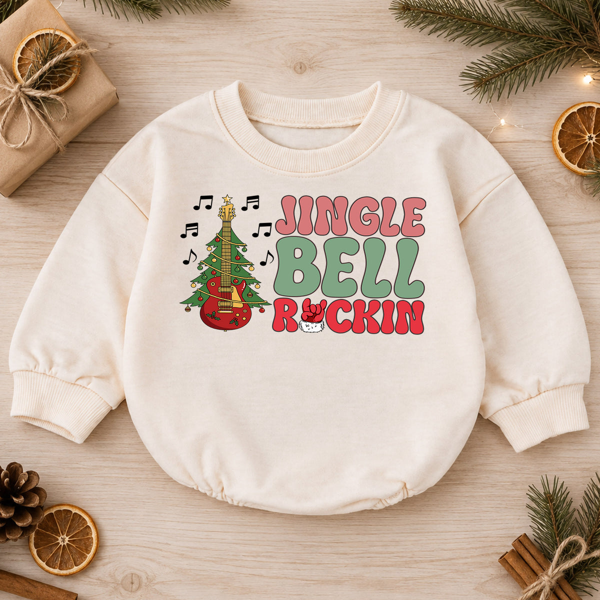 Jingle Bell Rockin Baby Romper, Christmas Guitar Tree Holiday Outfit, Rock Music Xmas Romper, 1st Retro Christmas Gift for Baby — product view 1