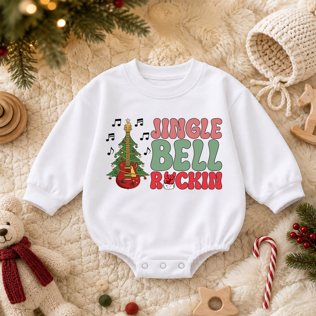 Jingle Bell Rockin Baby Romper, Christmas Guitar Tree Holiday Outfit, Rock Music Xmas Romper, 1st Retro Christmas Gift for Baby — product view 3