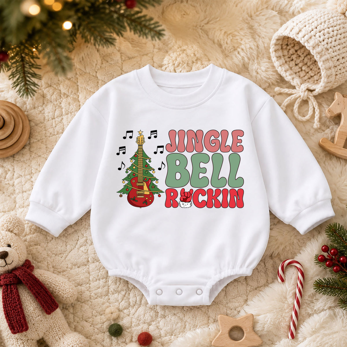 Jingle Bell Rockin Baby Romper, Christmas Guitar Tree Holiday Outfit, Rock Music Xmas Romper, 1st Retro Christmas Gift for Baby — product view 3