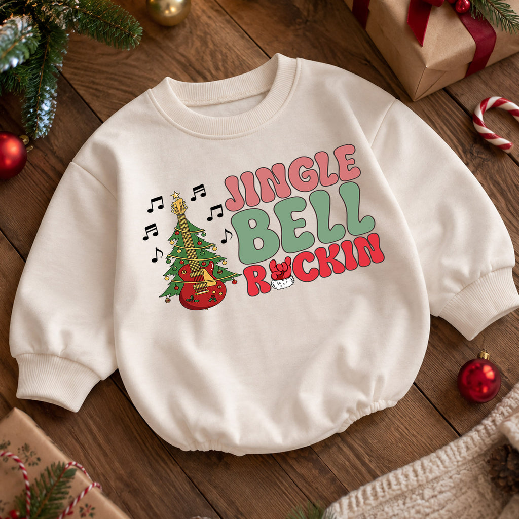 Jingle Bell Rockin Baby Romper, Christmas Guitar Tree Holiday Outfit, Rock Music Xmas Romper, 1st Retro Christmas Gift for Baby — product view 5