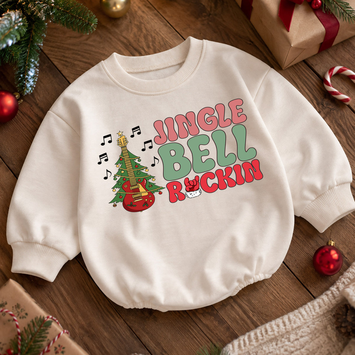 Jingle Bell Rockin Baby Romper, Christmas Guitar Tree Holiday Outfit, Rock Music Xmas Romper, 1st Retro Christmas Gift for Baby — product view 5
