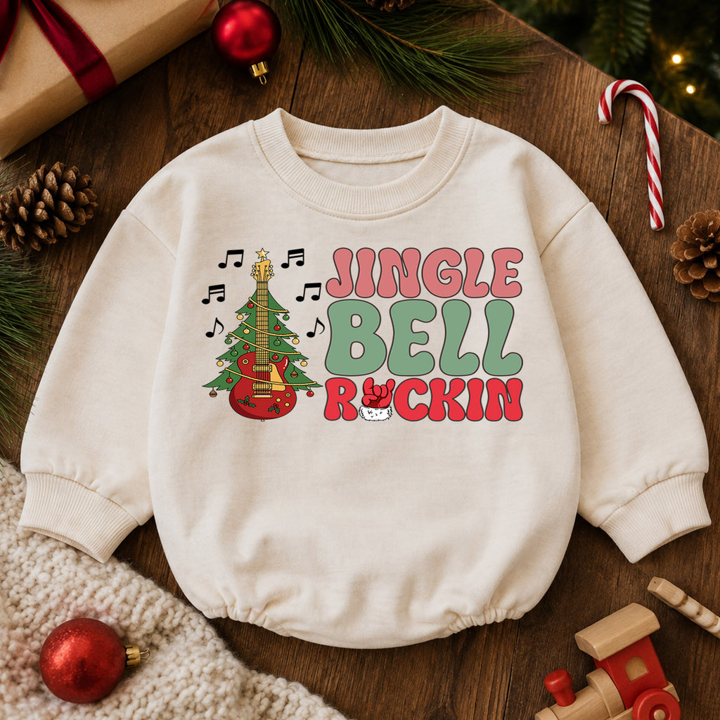 Jingle Bell Rockin Baby Romper, Christmas Guitar Tree Holiday Outfit, Rock Music Xmas Romper, 1st Retro Christmas Gift for Baby — product view 6