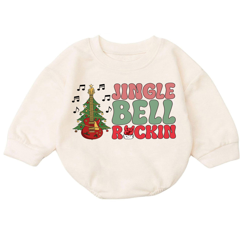 Jingle Bell Rockin Baby Romper, Christmas Guitar Tree Holiday Outfit, Rock Music Xmas Romper, 1st Retro Christmas Gift for Baby — product view 7