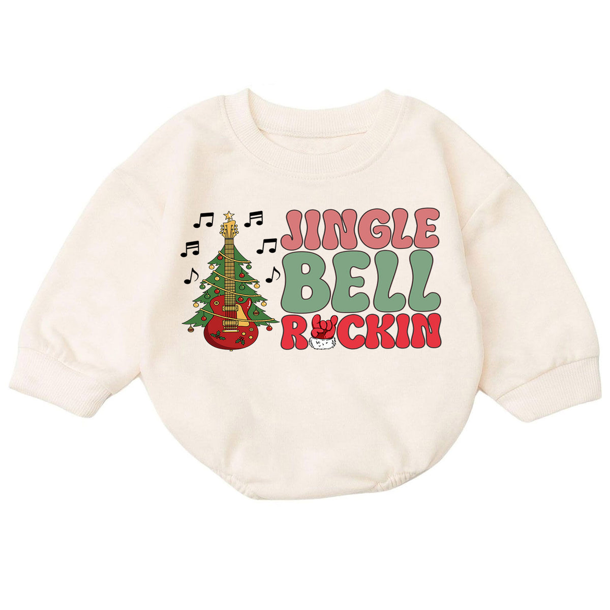 Jingle Bell Rockin Baby Romper, Christmas Guitar Tree Holiday Outfit, Rock Music Xmas Romper, 1st Retro Christmas Gift for Baby — product view 7