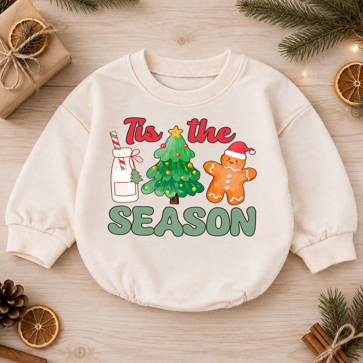 Tis the Season Baby Christmas Romper, Milk Cookies Gingerbread Holiday Outfit, Christmas Tree Toddler Romper, Cute Xmas Gift — product view 1