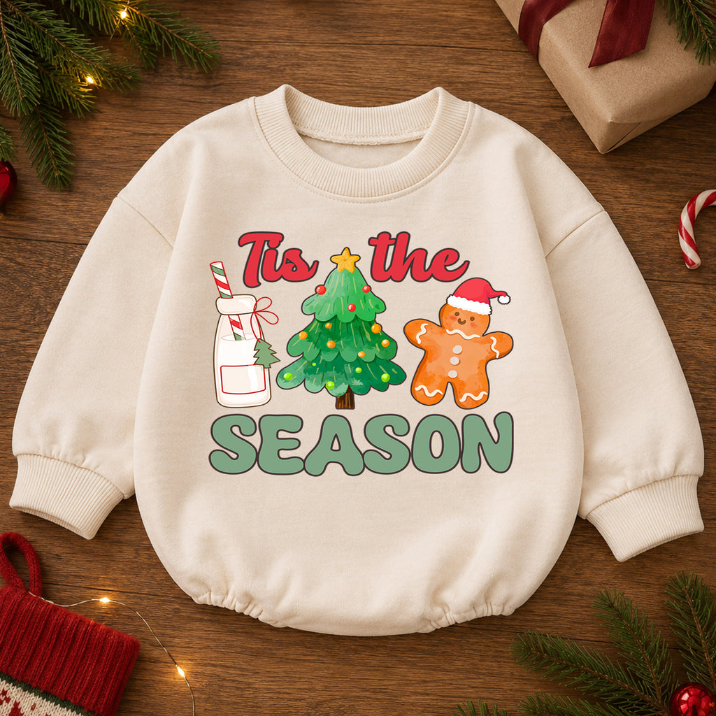 Tis the Season Baby Christmas Romper, Milk Cookies Gingerbread Holiday Outfit, Christmas Tree Toddler Romper, Cute Xmas Gift — product view 2