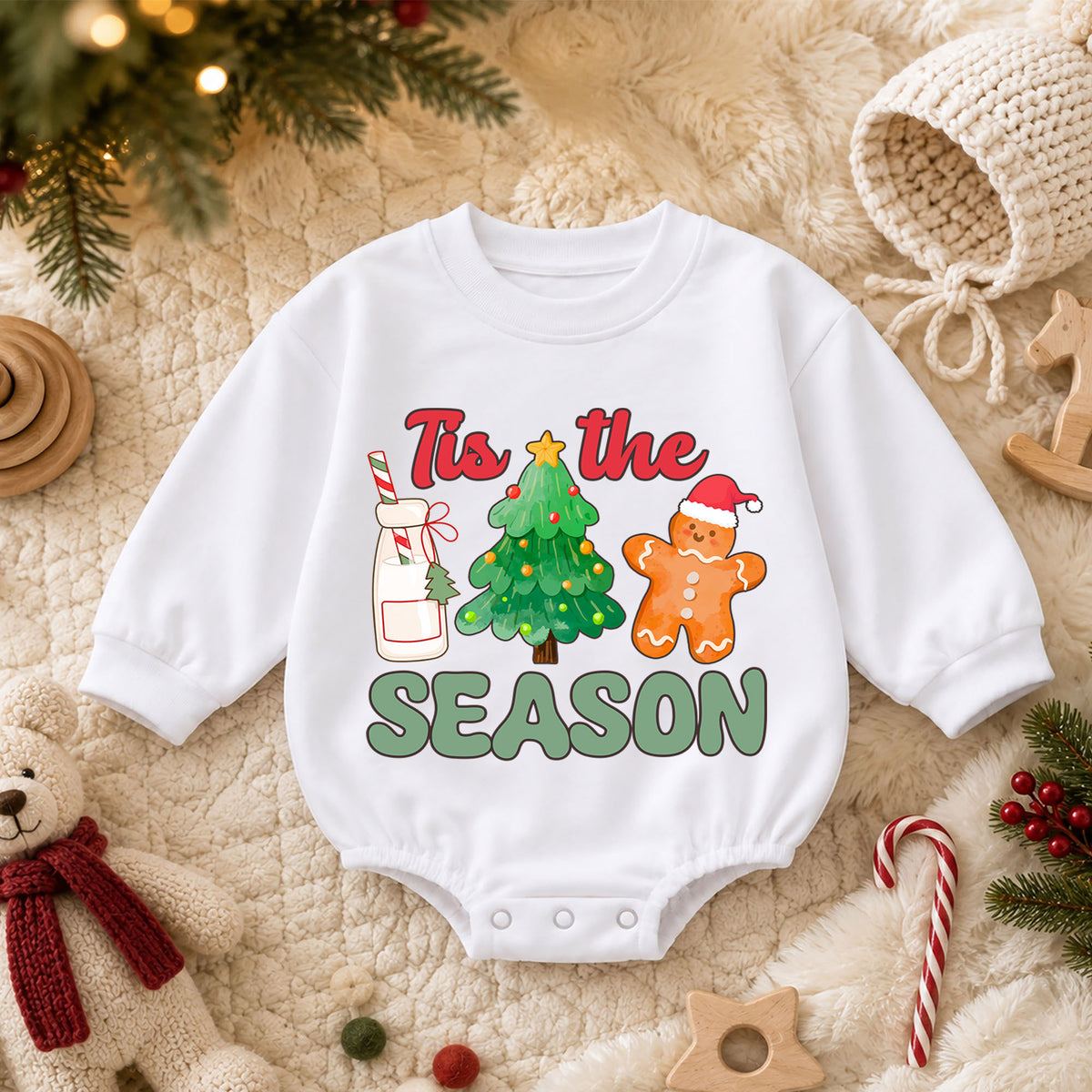 Tis the Season Baby Christmas Romper, Milk Cookies Gingerbread Holiday Outfit, Christmas Tree Toddler Romper, Cute Xmas Gift — product view 3
