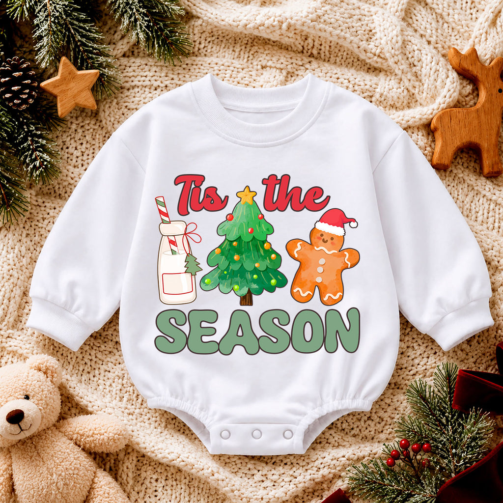 Tis the Season Baby Christmas Romper, Milk Cookies Gingerbread Holiday Outfit, Christmas Tree Toddler Romper, Cute Xmas Gift — product view 4