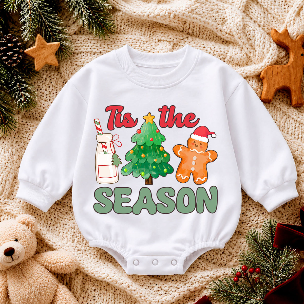 Tis the Season Baby Christmas Romper, Milk Cookies Gingerbread Holiday Outfit, Christmas Tree Toddler Romper, Cute Xmas Gift — product view 4