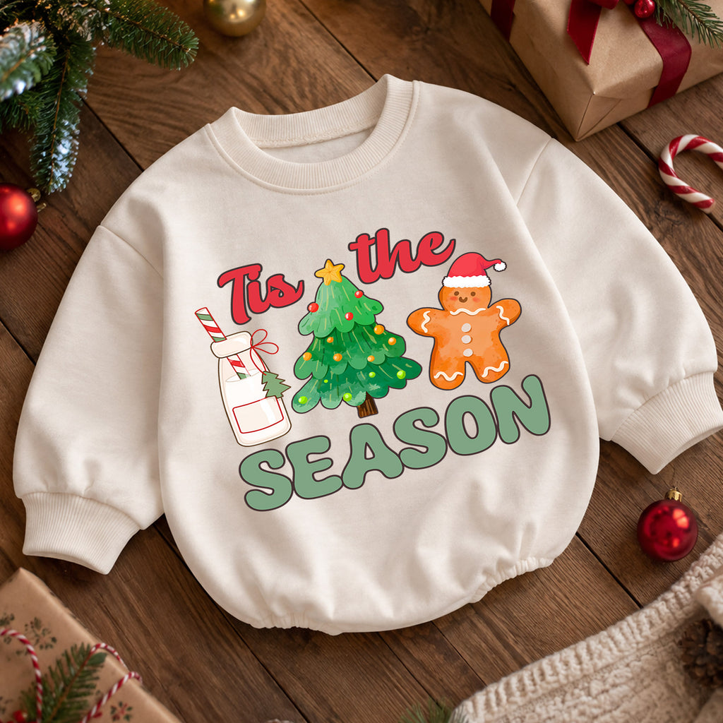 Tis the Season Baby Christmas Romper, Milk Cookies Gingerbread Holiday Outfit, Christmas Tree Toddler Romper, Cute Xmas Gift — product view 5