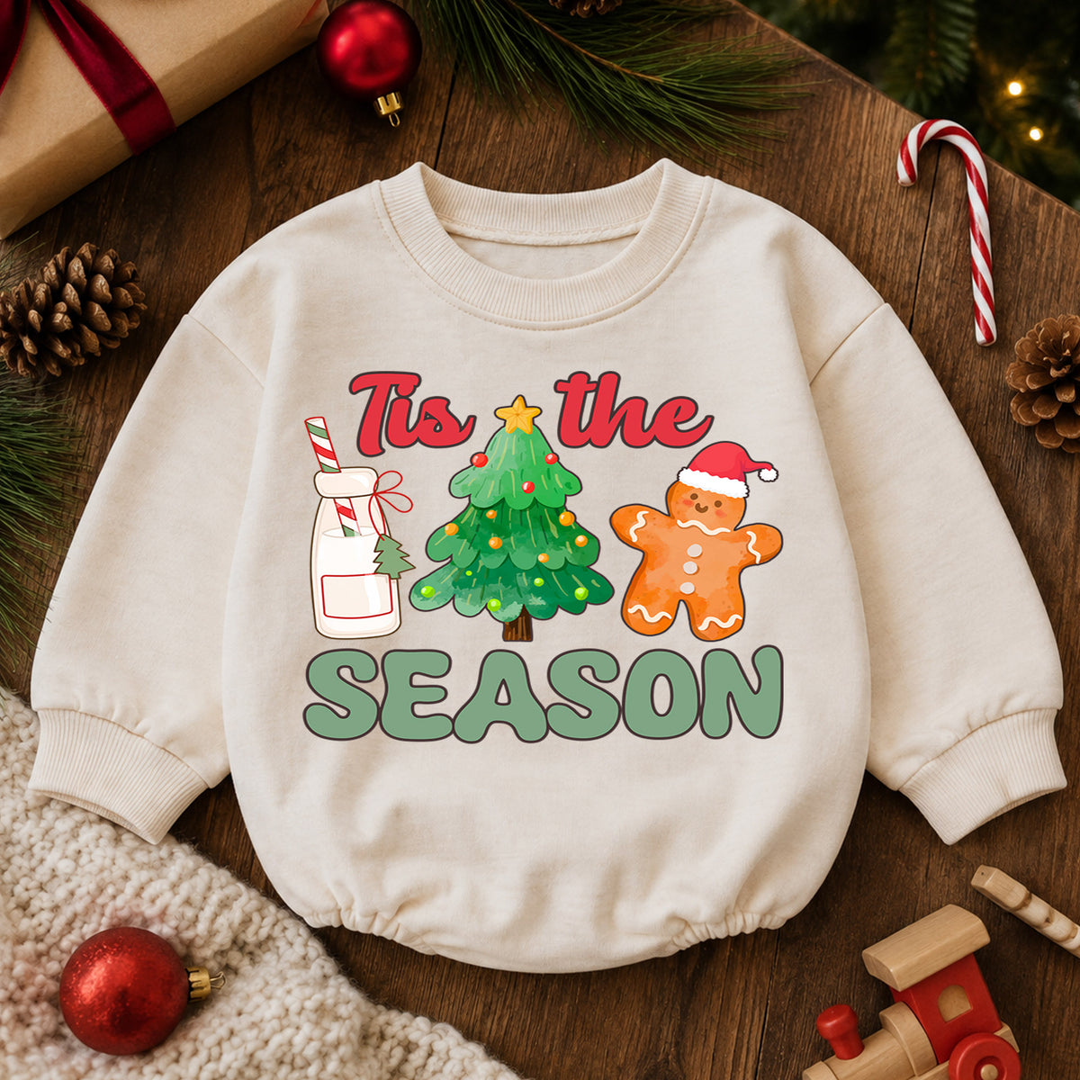 Tis the Season Baby Christmas Romper, Milk Cookies Gingerbread Holiday Outfit, Christmas Tree Toddler Romper, Cute Xmas Gift — product view 6