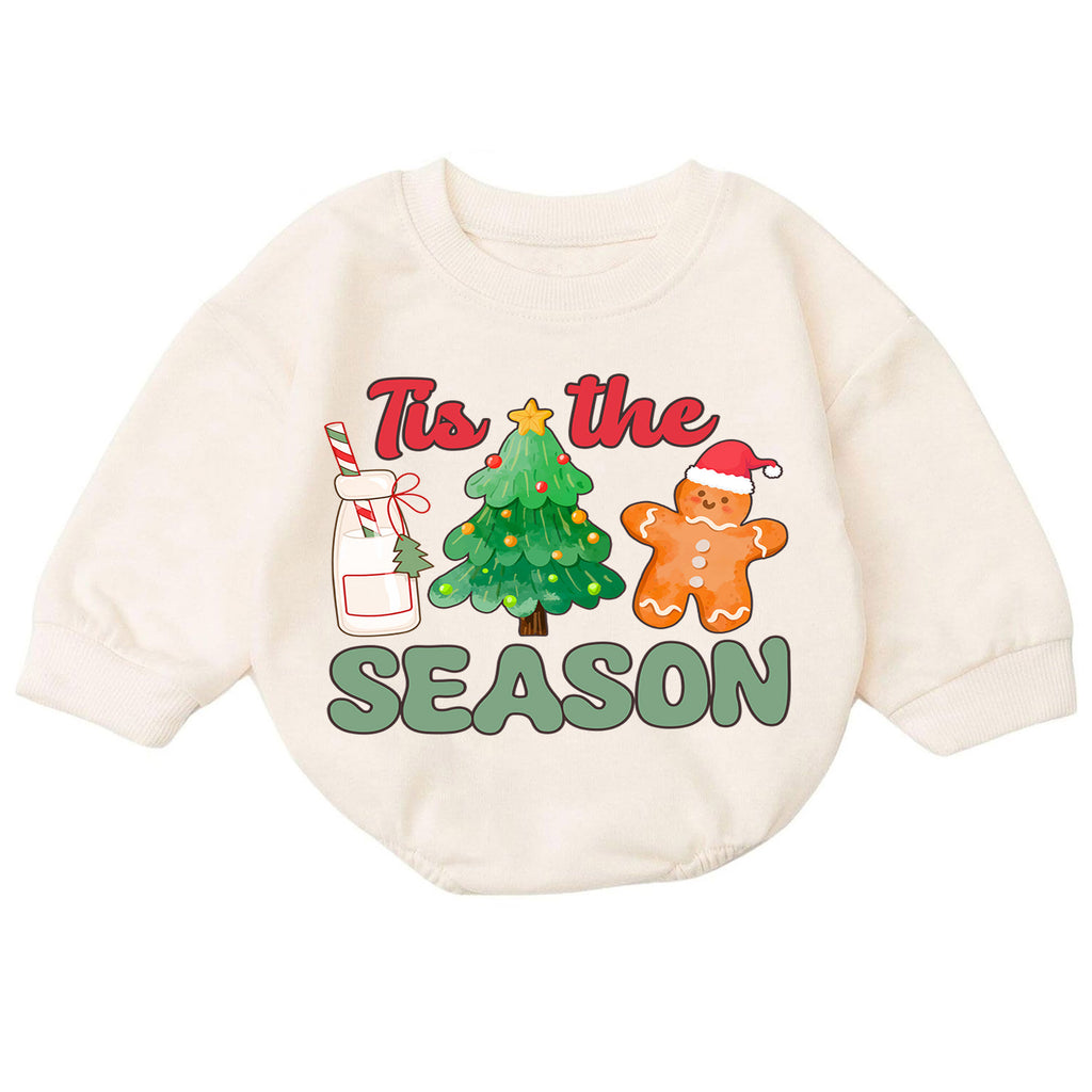 Tis the Season Baby Christmas Romper, Milk Cookies Gingerbread Holiday Outfit, Christmas Tree Toddler Romper, Cute Xmas Gift — product view 7