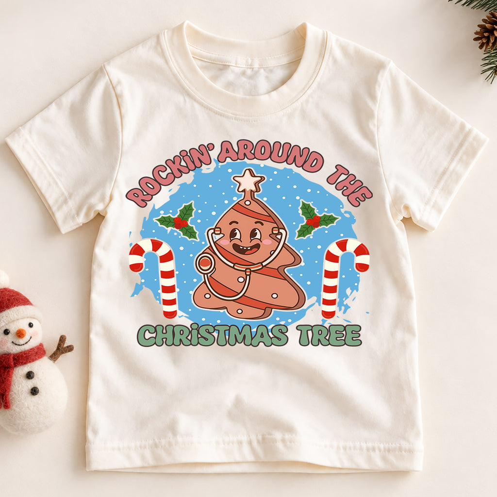 Rockin Around the Christmas Tree Kids Shirt, Funny Medical Holiday Tee, Cute Christmas Outfit, Nurse Doctor Xmas Gift for Little Kids — product view 2