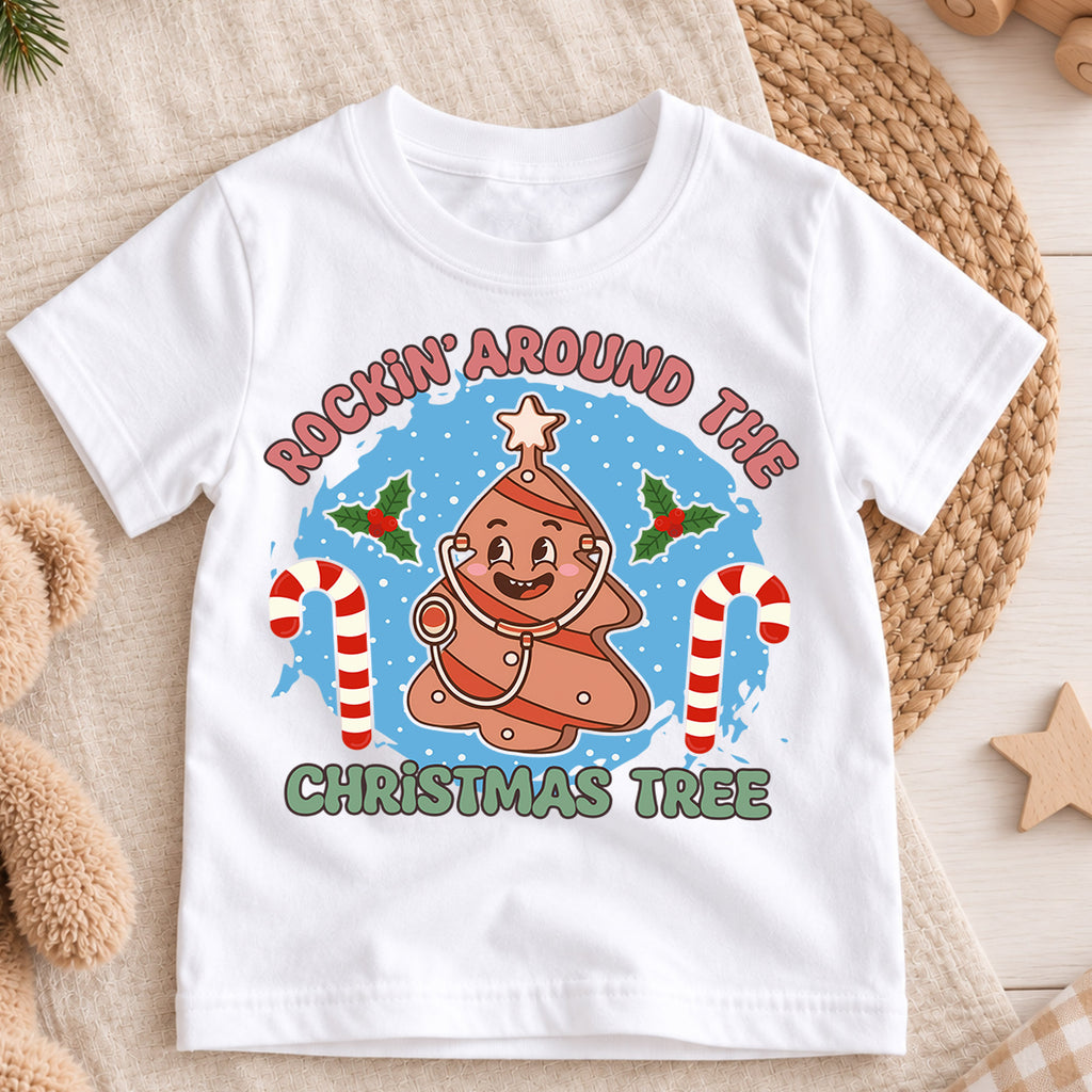 Rockin Around the Christmas Tree Kids Shirt, Funny Medical Holiday Tee, Cute Christmas Outfit, Nurse Doctor Xmas Gift for Little Kids — product view 3