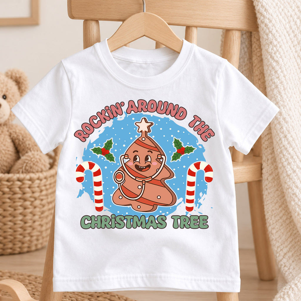 Rockin Around the Christmas Tree Kids Shirt, Funny Medical Holiday Tee, Cute Christmas Outfit, Nurse Doctor Xmas Gift for Little Kids — product view 4