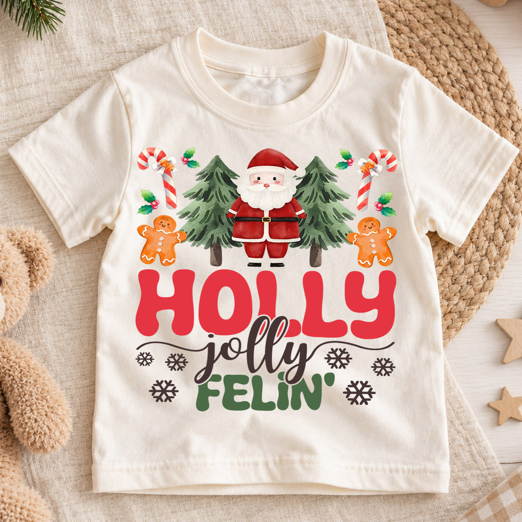Holly Jolly Feelin Kids Christmas Shirt, Santa Gingerbread Holiday Tee, Cute Christmas Tree Outfit, Toddler Xmas Gift for Little Kids — product view 1