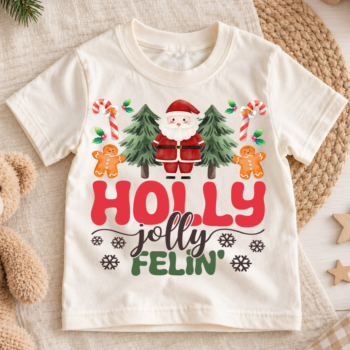 Holly Jolly Feelin Kids Christmas Shirt, Santa Gingerbread Holiday Tee, Cute Christmas Tree Outfit, Toddler Xmas Gift for Little Kids — product view 1