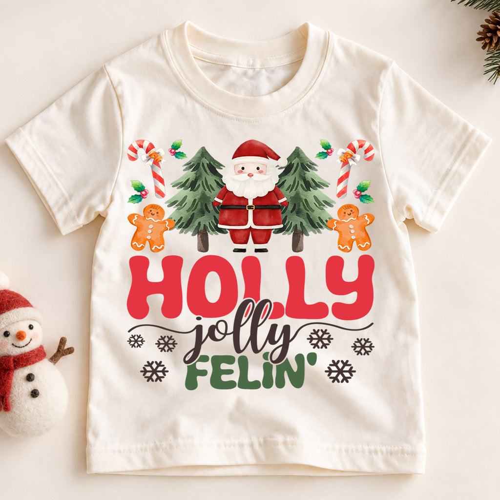 Holly Jolly Feelin Kids Christmas Shirt, Santa Gingerbread Holiday Tee, Cute Christmas Tree Outfit, Toddler Xmas Gift for Little Kids — product view 2