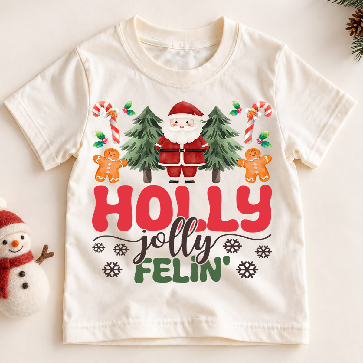 Holly Jolly Feelin Kids Christmas Shirt, Santa Gingerbread Holiday Tee, Cute Christmas Tree Outfit, Toddler Xmas Gift for Little Kids — product view 2