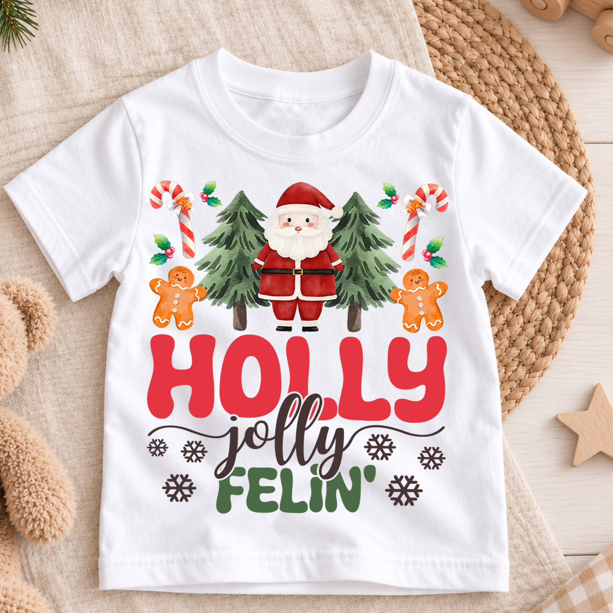 Holly Jolly Feelin Kids Christmas Shirt, Santa Gingerbread Holiday Tee, Cute Christmas Tree Outfit, Toddler Xmas Gift for Little Kids — product view 3