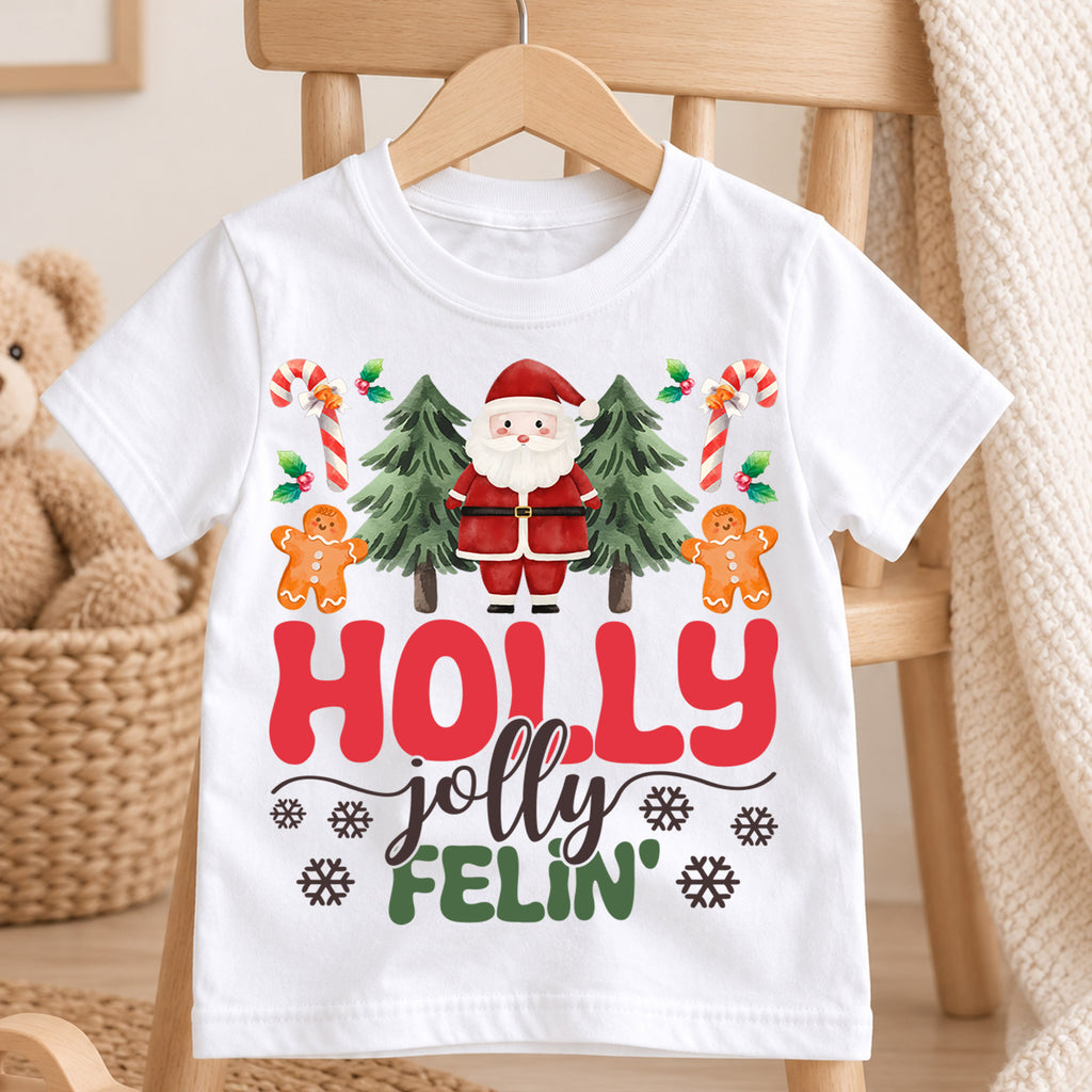 Holly Jolly Feelin Kids Christmas Shirt, Santa Gingerbread Holiday Tee, Cute Christmas Tree Outfit, Toddler Xmas Gift for Little Kids — product view 4