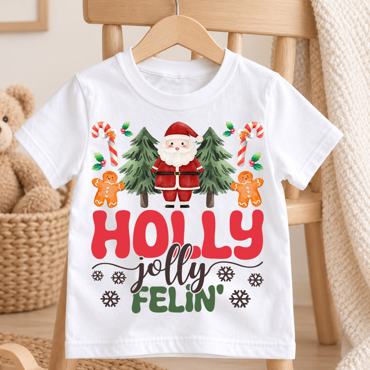 Holly Jolly Feelin Kids Christmas Shirt, Santa Gingerbread Holiday Tee, Cute Christmas Tree Outfit, Toddler Xmas Gift for Little Kids — product view 4